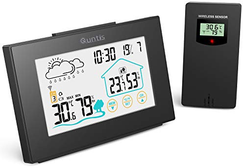 Quntis Wetterstation, 5 Zoll (12,7 cm) großer LED-Sensor, Thermometer, Hygrometer, kabellos, für den Innen- und Außenbereich, mit Snooze-Funktion, Uhrzeit, Datum, Tag, Schwarz