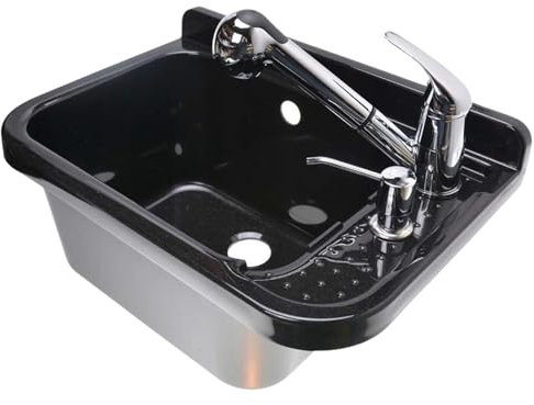 Ausgussbecken Haushaltswaschbecken Waschtrog mit Batterie Armatur Seifenspender mit hahnloch Kunststoff Waschbecken Spülbecken mit Seifenspender, Siphon, Spülbecken inkl. Zubehör, Waschraum Schwarz