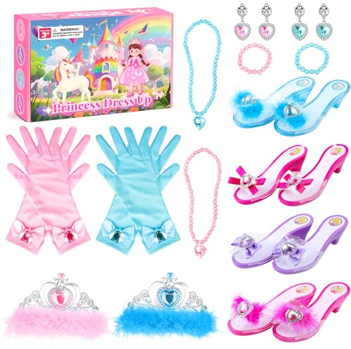 DISHIO Girls Princess Dress Up Shoes and Jewelry Boutique Upgraded Princess Shoes and Accessories with 4 Pair of Princess Play Shoes and Jewelry Set for Toddlers Little Girls Aged 3 4 5 6