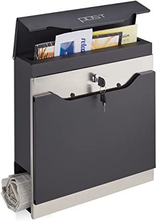 Relaxdays Briefkasten mit Zeitungsfach, modern, abschließbar, Postbox HxBxT: 37 x 37 x 11 cm, Stahl, schwarz/silber