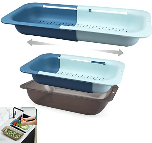 Komzon Passoire d'évier avec bol, panier extensible pour laver les légumes, les fruits, passoire en plastique rétractable réglable pour égoutter les pâtes, les plats