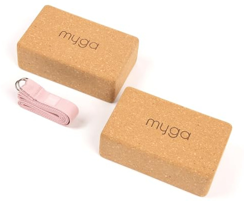 Myga Kork Yoga Zubehör Set | 2 Rutschfeste Kork Blöcke & Verstellbarer Gurt (Rosa) | Perfekt für Anfänger & Fortgeschrittene | Unterstützung bei Yoga & Pilates Übungen | Leicht & Tragbar