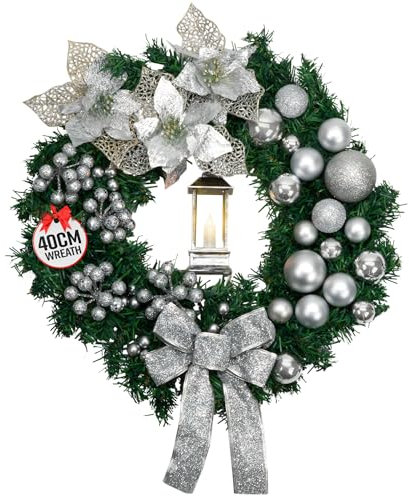 GloBrite 40cm Christmas Wreath with Bows, Baubles & Lantern | Wreaths for Front Door | Door Wreaths Home Decor Christmas Decorations for Outdoor Decorations - Silver
