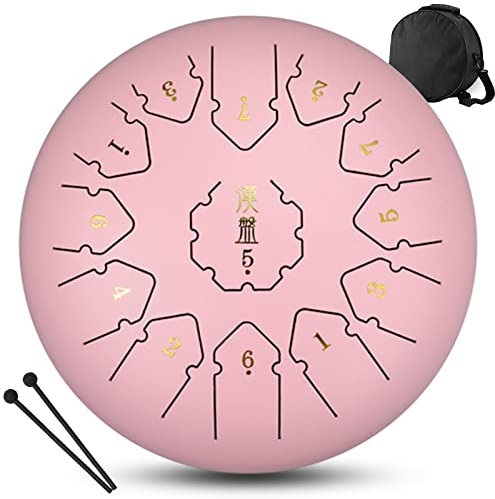 Tongue Drum 12 Zoll 13 Töne C-Dur Zungentrommel Schlagzeug Instrument Hand Steel Pan Drum Mit Trommelschlägeln Tragetasche Note Sticks Für Meditation Yoga Klangheilung,Rosa