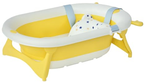 HOMCOM Vaschetta Bagnetto Pieghevole per Bambini 0-3 Anni con Indicatore di Temperatura e Cuscino, 81.5x50.5x23.5 cm, Giallo