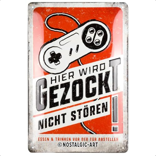 Nostalgic-Art Retro Blechschild, 20 x 30 cm, Hier wird gezockt – Geschenk-Idee für Gamer, aus Metall, Vintage Design mit Spruch, Blechschilder Sprüche
