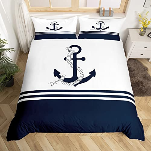 Ancla Décor - Juego de cama de 220 x 240 cm, diseño náutico, juego de funda nórdica La Mer Côtera, funda de edredón transpirable, mar aventura, azul y blanco