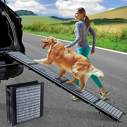 Uppdaterad hundramp bil hopfällbar, 160 cm hundtrappa bil med hög traction mattyta, halkfri hundramper för bilar, lastbilar och SUV:ar, stabil ramp hund för stora och medelstora hundar upp till 90 kg
