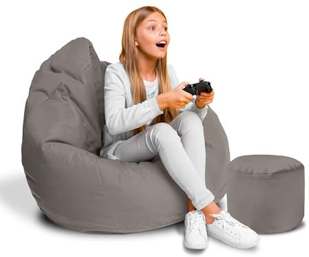 DreamRoots Sitzsack für Kinder und Erwachsene - Sitzsack mit Füllung, Lehne, Hocker und Bezug - Oxford Stoff 220 gr/m2 Wasserdicht - Sitzkissen Boden - Chill Sack S, Grau