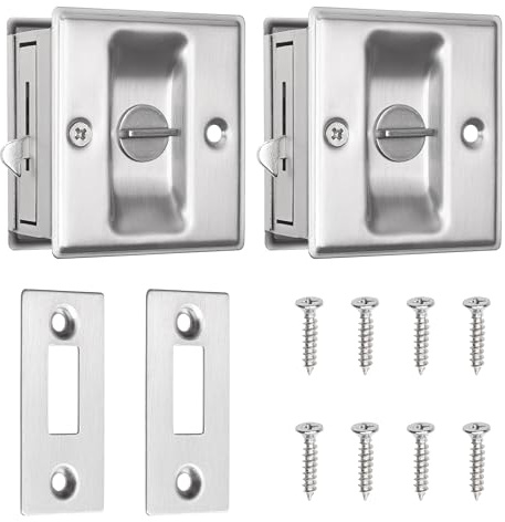 Eco-Fused Pocket Sliding Door Lock - Brushed Nickel Privacy Door Pull with Lock - Reversible - Compatible with Most Doors - Easy Grip - Doors with Thickness 1-3/8” (3.49 cm)