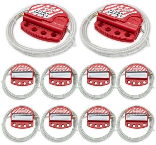 Bwintech 10 Pcs Câble d'acier de consignation ajustable rouge pour les applications de consignation, fonctionne avec des cadenas de sécurité