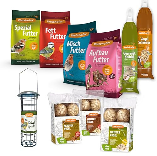 Welzhofer Vogelfutter Kennenlernpaket - 6,8 kg Starterset Vogelfutter Futtermischungen für Wildvögel, mit praktischem Knödelspender, Meisenknödel - Vielfältiges Wildvogelfutter für Gartenvögel