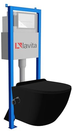Lavita LAV 101 Vorwandelement für WC 40cm + Wand Hänge Tiefspül WC SALTO Schwarz Spülrandlos + Bedienplatte LAV 200.3.1 Weiß | Komplettset | Unterputz Spülkasten | Toilette Komplett Sett