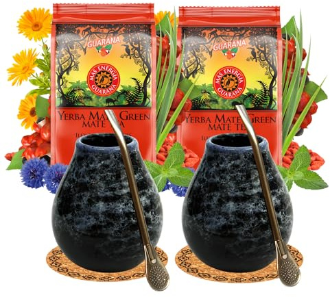 Mate Green Yerba Mate Tee Set für 2 Personen – Mas Energia Guarana 400g – Marmol Blue Keramikbecher 350ml – Edelstahl Bombilla 19 cm – Loser Tee 2x200g