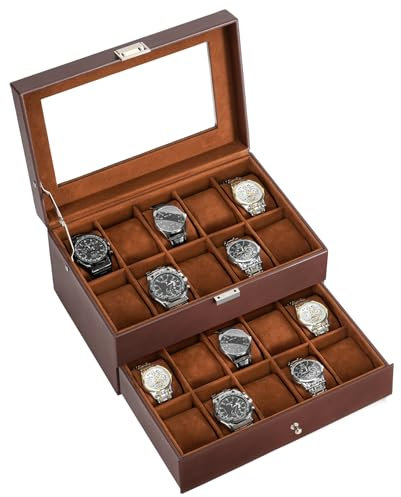 ProCase Uhrenbox mit 20 Fächern，Uhrenkasten mit Glasdeckel, 2 Ebenen Uhrenkoffer mit herausnehmbaren Uhrenkissen Uhrenschatulle, Vatertag Geschenk -Espresso
