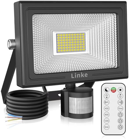 Linke 60W Security Lights Outdoor Motion Sensor, 5200LM Super Bright PIR Floodlights with Remote Control, 6500K Daylight White IP66 Waterproof Perfect for Garden, Porch, Courtyard, Garage