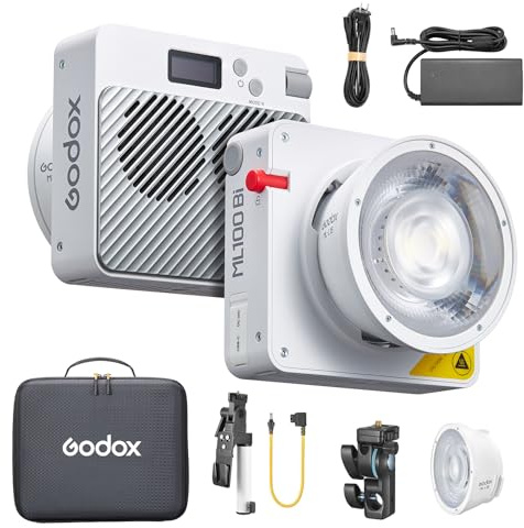 Godox ML100Bi Kit2 Lampe Vidéo LED Bicolore120 W, 2800K-6500K, CRI97+, TLCI98+, Contrôle Application, 11 Effets D'éclairage,Monture Godox avec Réflecteur D'objectif Kit D'accessoires Batterie V-Mount