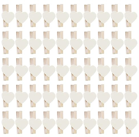 Set di 50 mollette in legno per vestiti, piccole mollette a forma di cuore, per foto, decorazioni di nozze e artigianato