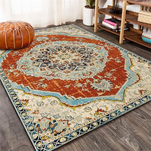 YATOLA Alfombras para Sala Estar Interiores Resistente a Las Manchas, Antideslizante Rojo Bohemia Marrueco Alfombra área Estar Marrueco Oriental Retro Lavable Máquina Dormitorio (Rojo 1, 120x180cm)