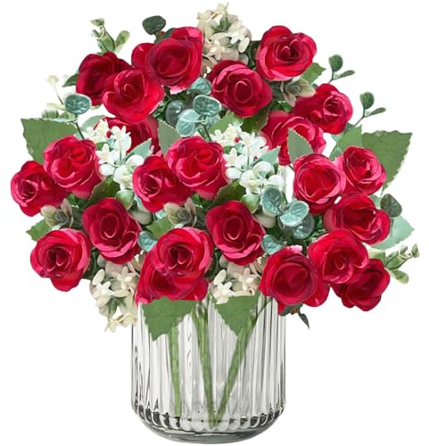 astylishome Fiori finti artigianali rose rosse artificiali rose finte decorative fiori artificiali con stelo fiori di rosa artificiali fiori da sposa bouquet da sposa festa giardino decorazione