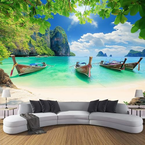 MIATCENRT Photo Wallpaper 200x150cm (WxH), Beach Boat Pattern Bedroom Living Room Home 3D Wall Mural, Sky Views Silk Cloth Wallpaper Roll Mural, Sofa TV Background Wall Painting