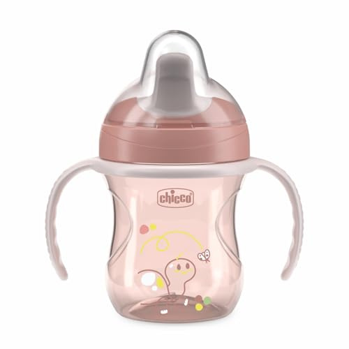 Chicco Training Cup, Non-Drip Plastic Learning Cup for a Child, Learning to Drink, Ergonomic Semi-Soft Spout, Removable Valve and Handles, 6+ Months, BPA Free, Pink