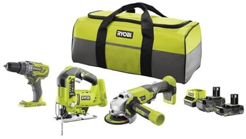 RYOBI RCK183I-242S Set di Attrezzi a Batteria 18V | Trapano R18PD3, Seghetto Alternativo e Smerigliatrice Angolare +2 batterie e Borsone Portattrezzi