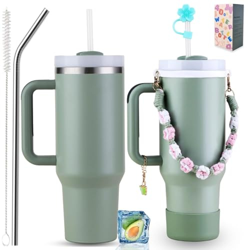 Sanilinwild 40 oz Tumbler Insulated Mug w/Straw & Flip Cap Lids - Cup Holder Bottle with 6 Accessories Set for Hot, Cold Drink - Leak-Proof - Water, Coffee Portable Travel Mug (Agave)