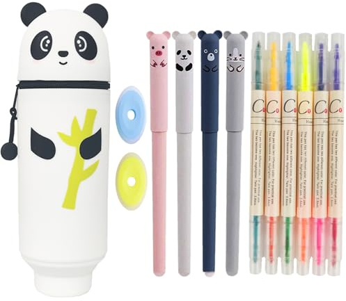 Mowtential 13 PCS Federmäppchen 2-in-1 aus Weichem Silikon Set, Tragbares Federmäppchen mit Umhängeband, einziehbar und mit großem Fassungsvermögen, praktisch zur Aufbewahrung von Schulsachen (Panda)