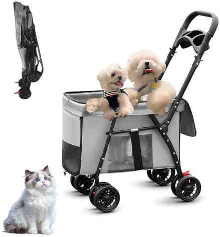 Foldable Pet Stroller for Small Medium Cat Dogs Portable Pets Carriers Strollers with 4 Wheels Up to 55Lbs Puppy Strolling Cart Travel (Gray)