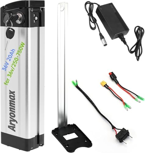 Ebike Battery 36V 20Ah with Fast Charger Safety Lock, Long Range Removable Lithium Electric Bike Battery Silver Fish