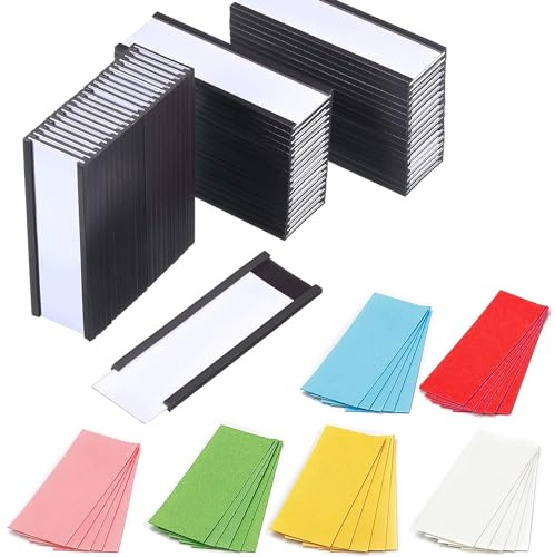 50 Magnetic Label Holder | 25MM x 50MM |,with 100 Paper Inserts,50 Plastic Protectors and 25 Colorful Cardstock | Mess Free Reusable for Shelf White Board Toolbox Metal Wall Cabinet Drawer