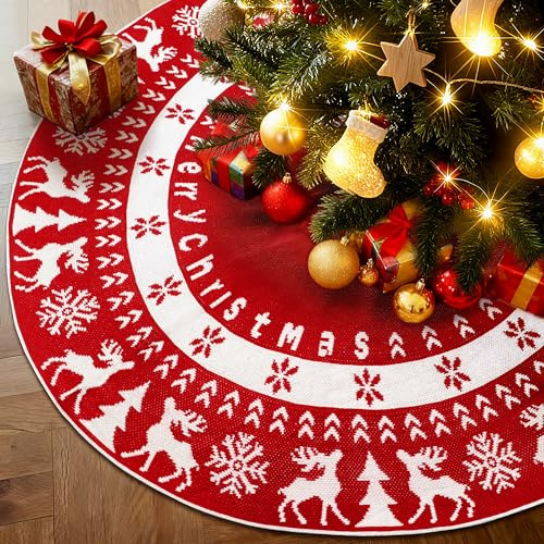 Charmofun Jupe de Sapin de Noël, 122cm Jupe d'arbre de Noël Tricotée, Décorations de Noel Ronde Flocon de Neige Élan pour Fêtes à Maison et Nouvel, Cache Pied Sapin de Noel, Tapis Rouge