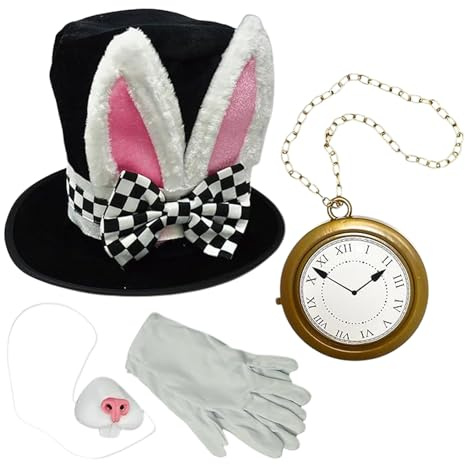 Weißes Kaninchen-Kostümzubehör – Weißer ABS-Stoff, 4-teiliges Set, Hasenohren, Hut, Handschuhe, Uhrnase, -Halloween-Cosplay-Zubehör, Erwachsene, Frauen, Männer, Kinder, Teepartys, Thematische Fes