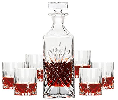 Genérico Decantadores de Vino, Whisky, Juego de Copas de Cristal sin Plomo, patrón Europeo Tallado, Regalo de Fiesta de Bar de 7 Piezas, decoración del hogar de Alta Transparencia