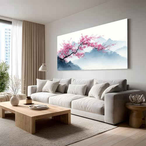 Japanese Style Cherry Blossom Canvas Wall Art Large Landscape Mountain | Modern Pictures, Painting Framed Watercolor Tree Branch Wall Decorations for Living Room Bedroom Garden Hallway 60x120 cm