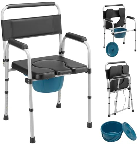 BAKAJI Sedia da Toilette Comoda con Secchio Rimovibile e Coperchio, Ausilio WC, Rialzo per Water con Struttura in Metallo per Anziani, Disabili e Persone Mobilità Ridotta, Altezza Regolabile 80.5-95cm