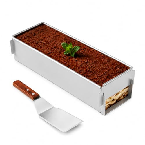 Eyoulife Tiramisu Form Edelstahl Verstellbar 41,7×10×6cm mit Tortenheber | Backrahmen Rechteckig mit Antihaftbeschichtung Abnehmbarem Seitenteil für Mousse Käsekuchen
