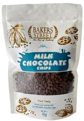 Milk Chocolate Chips 1kg - By Bakers Street - Resealable Pouch - Chocolate Chips for Cookies, Muffins & Cakes - Pure Tasty & Creamy Flavour - Melts Smoothly