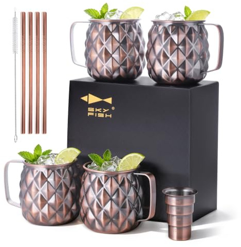 SKY FISH® 4-pack ananas Moscow Mule muggar set, (10 delar) 18/8 rostfritt stål cocktailkoppar med , sugrör och borste, perfekt för hem/utomhusdrycker, handtvätt, 500 ml, antik koppar