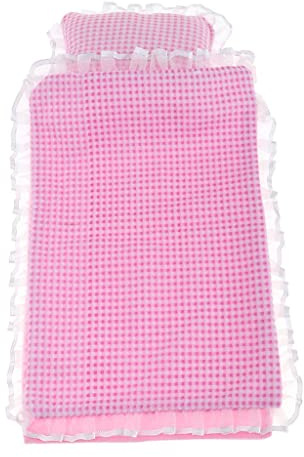 FytStycale Puppenbettwäsche Set mit Bettlaken Kuscheldecke Kopfkissen Und Puppenzubehör Aus Weichem Stoff für Mädchen Puppensammlung Wohnbereich Altersgruppe Ab, Pinkes Plaid, 25cm