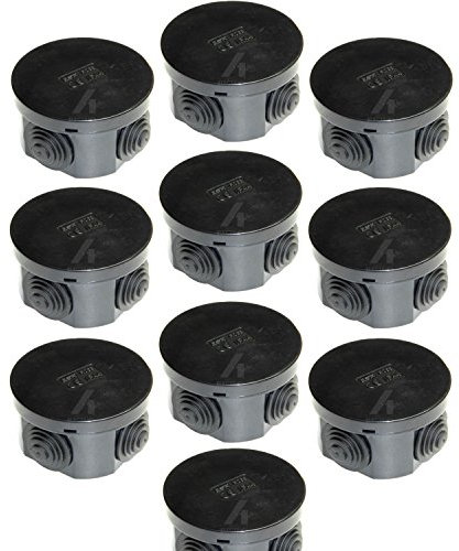 10 x 65mm x 35mm Black IP44 Splash Proof Round Junction Box with Rubber Seals and Snap on Lid