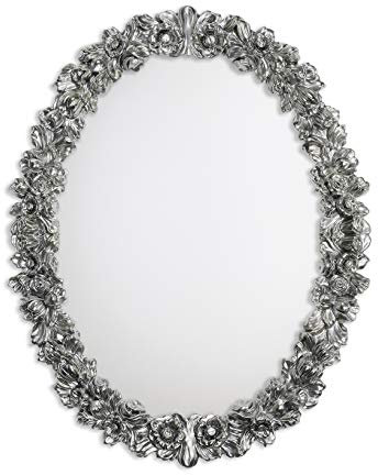 MO.WA Wandspiegel Spiegel Oval 74x94 Silber Klasssisch Ovaler Spiegel Modern Romantisch Ovaler Holzrahmen mit Blumenmotiven Dekospiegel Eingangsspiegel