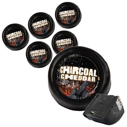 Black as Coal Edible Charcoal Cheddar Cheese. A Delicious Pack Of 6. Delicious Cheese In Wax To Lock In Freshness And Flavour. A Wonderful Mature Cheddar Cheese. The Chuckling Cheese Company.