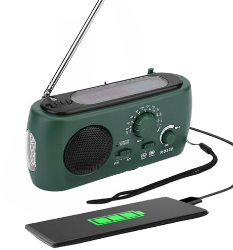 Radio Solaire Portable AM/FM à Manivelle Avec Lampe de Poche LED, Chargeur de Téléphone d'Urgence et Dynamo (Vert Foncé)