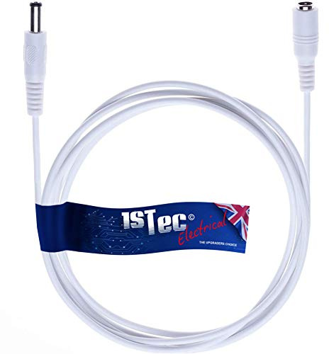 1STec 5m 16ft Long White 2.1mm 5.5mm Male to Female Extension Cable Jack Plug Socket Connector Power Supply Copper Wire Cord Adapter Lead for 12v CCTV Security Surveillance Cameras LED Strip Lights
