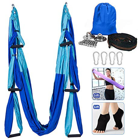 Yoga-Hängematte, Aerial Yoga Swing Set, Ultra Strong Antigravity Yoga Hängematte/Sling/Inversion Tool for Gym Home Fitness (Hellblau & Dunkelblau)