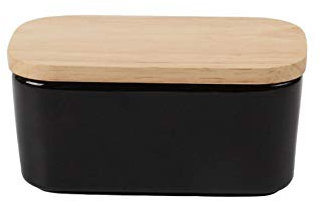 Tarrina de Esmalte Multifuncional 16,5 * 9,5 * 7 cm, Mantequera hermética con Anillo de Silicona Recipiente para Mantequilla con Tapa de bambú (black)