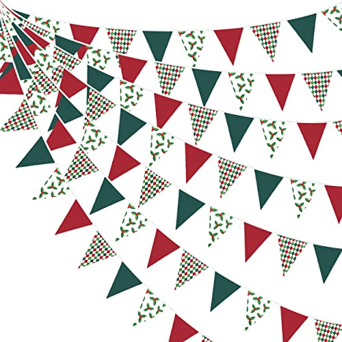 10M/32.8Ft Rot Grün Weihnachtsfeier Dekorationen Wimpelkette Banner Rot Grün Kariert Stechpalme Dreieck Flagge Wimpel Girlande für Weihnachten Geburtstag Weihnachten Neujahr Festivals Hängedeko