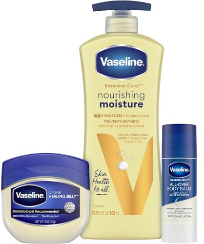 Vaseline Intensive Care Essential Healing Body Lotion, 20.3 oz, Bundled with Petroleum Jelly Original, 7.5oz, and All-Over Body Balm Stick, 1.4 oz - Pack of 3, Moisturizing Skin Care